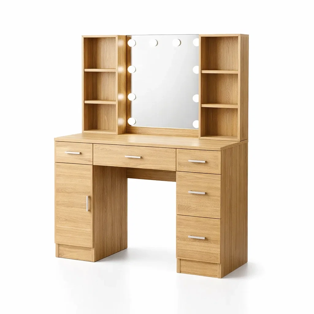 Coiffeuse en bois avec miroir éclairé et étagères-URBANO ASISVIBES