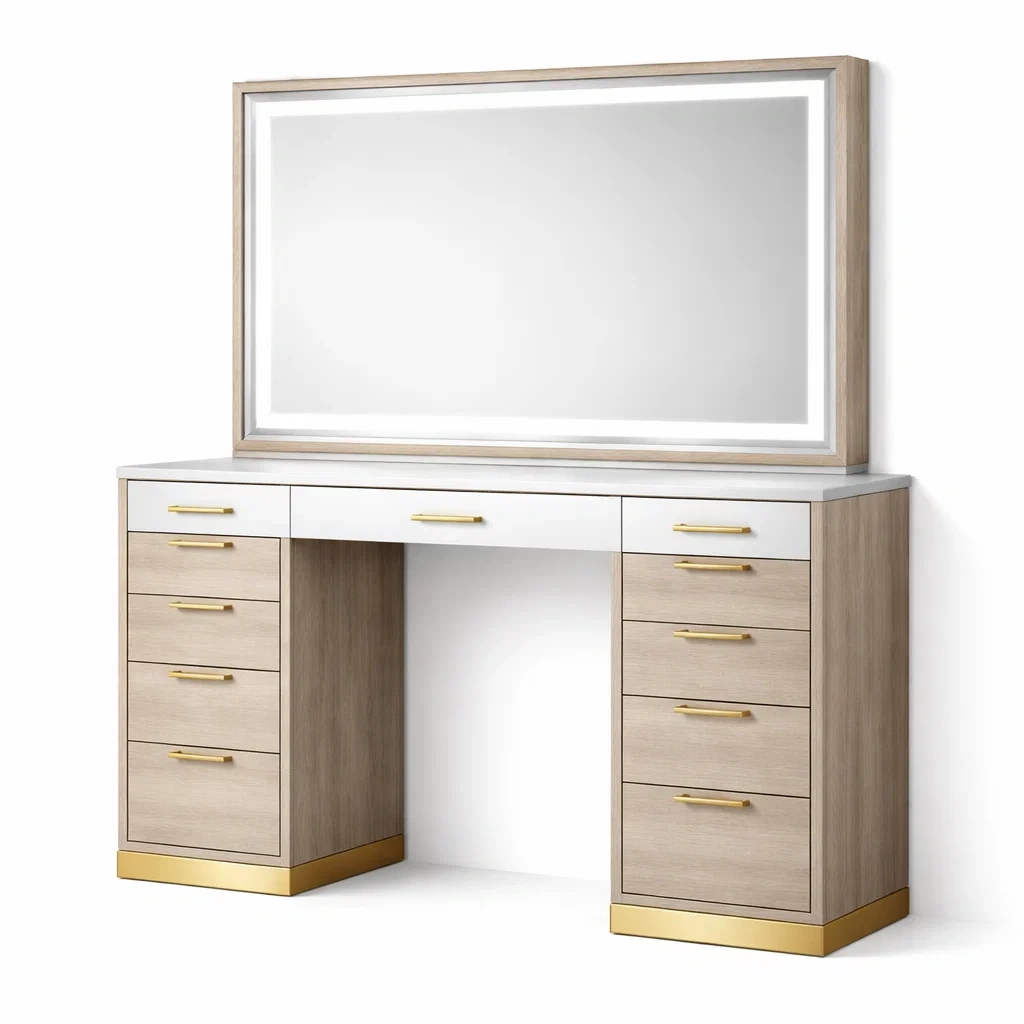 Coiffeuse rectangulaire en bois avec miroir et tiroirs blanc bois or-URBANO ASISVIBES
