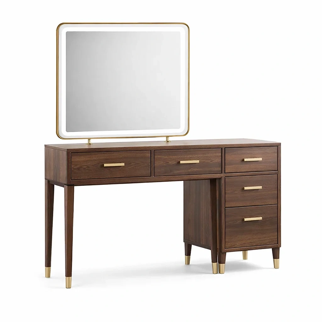 Coiffeuse en bois de noyer avec miroir LED et 5 tiroirs-URBANO ASISVIBES