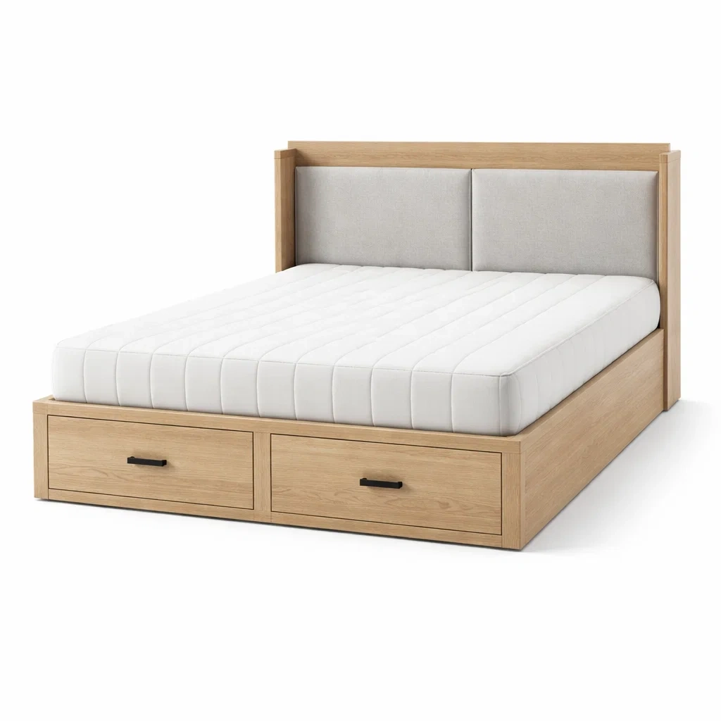 Lit avec rangement double en bois chêne avec tiroirs et tête de lit rembourrée-URBANO ASISVIBES