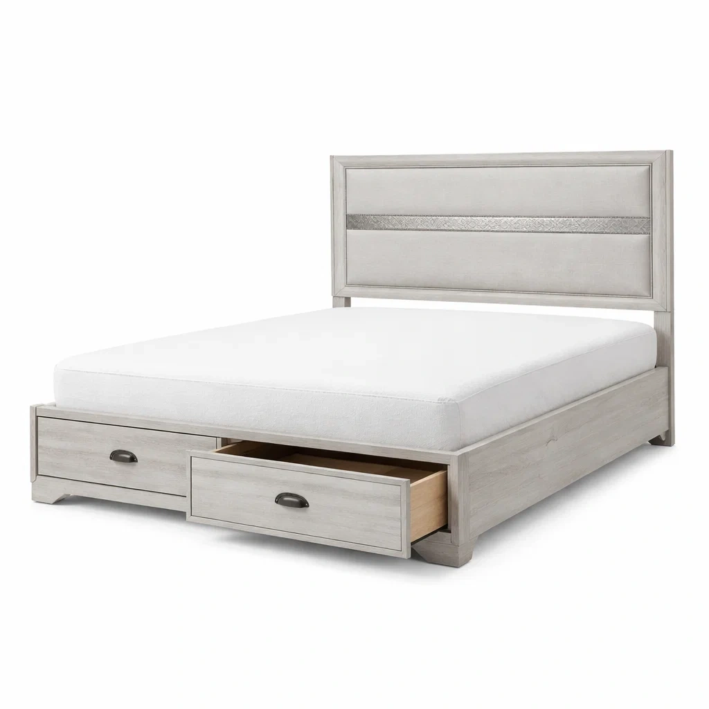 Lit avec rangement double en bois avec tiroirs et tête de lit rembourrée gris clair-URBANO ASISVIBES