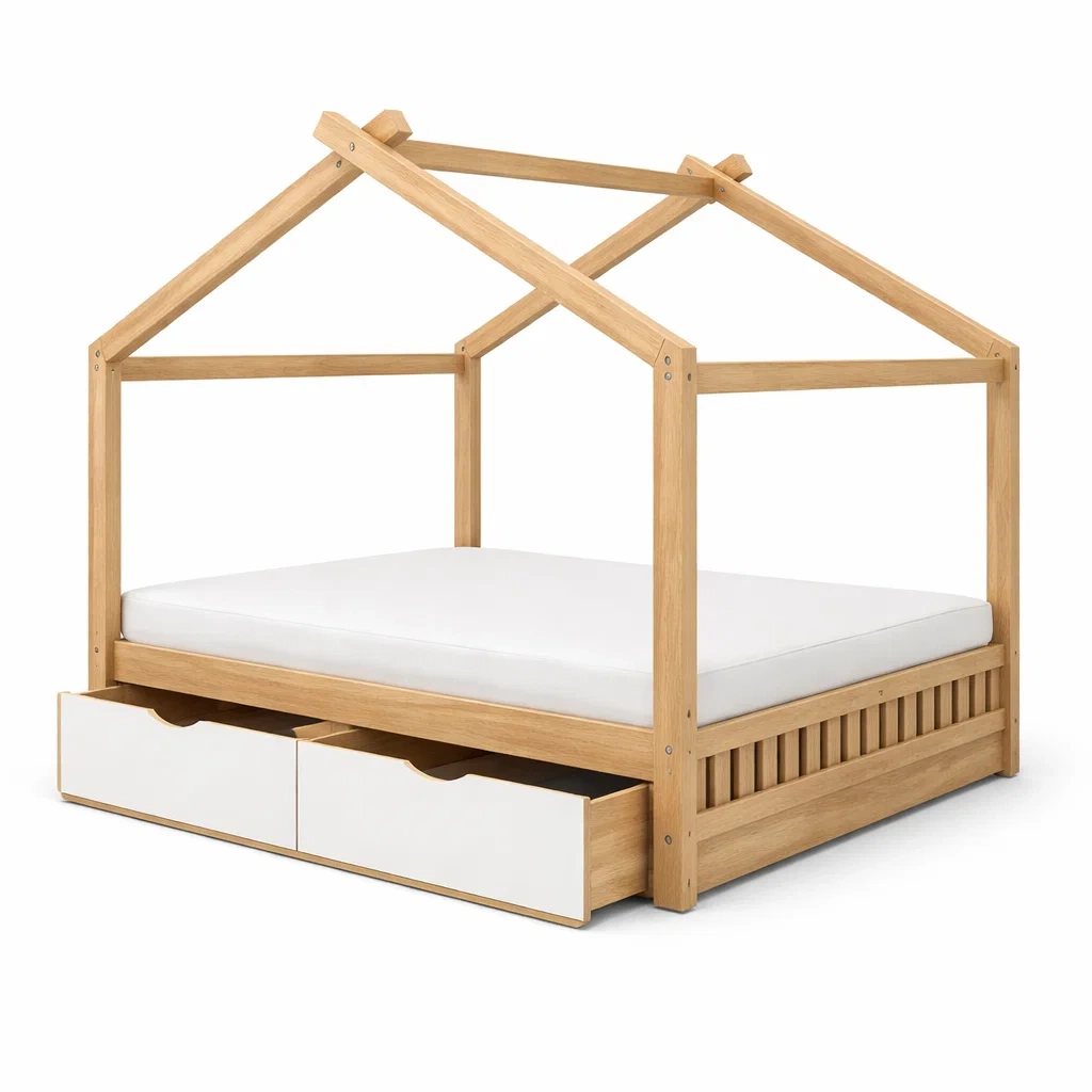 Lit avec rangement cabane pour enfant en bois avec matelas en mousse et tiroirs chêne blanc-URBANO ASISVIBES