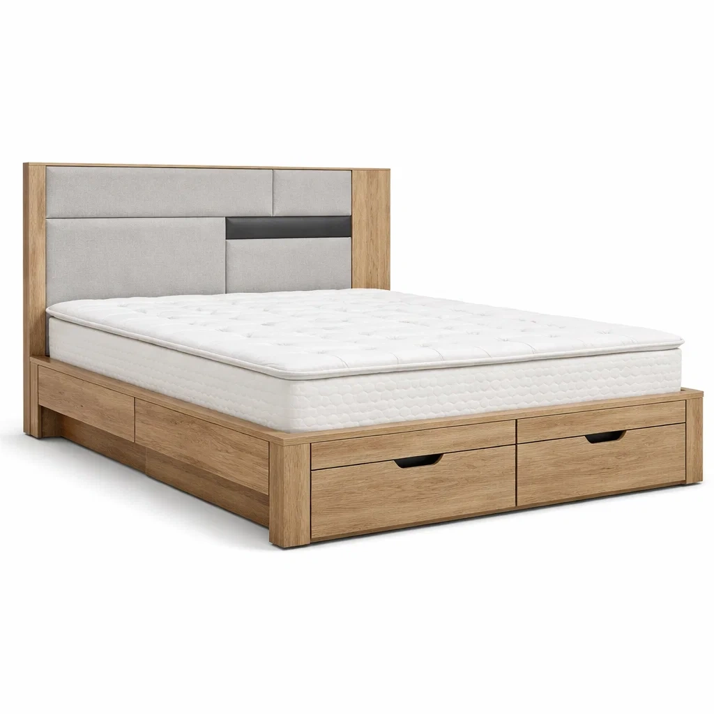 Lit avec rangement en bois avec tête de lit rembourrée et matelas-URBANO ASISVIBES