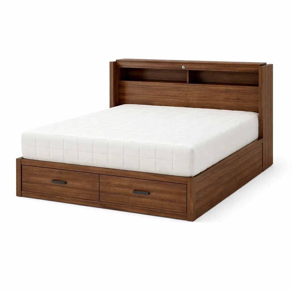 Lit avec rangement double en bois avec tiroirs et étagère en noyer-URBANO ASISVIBES