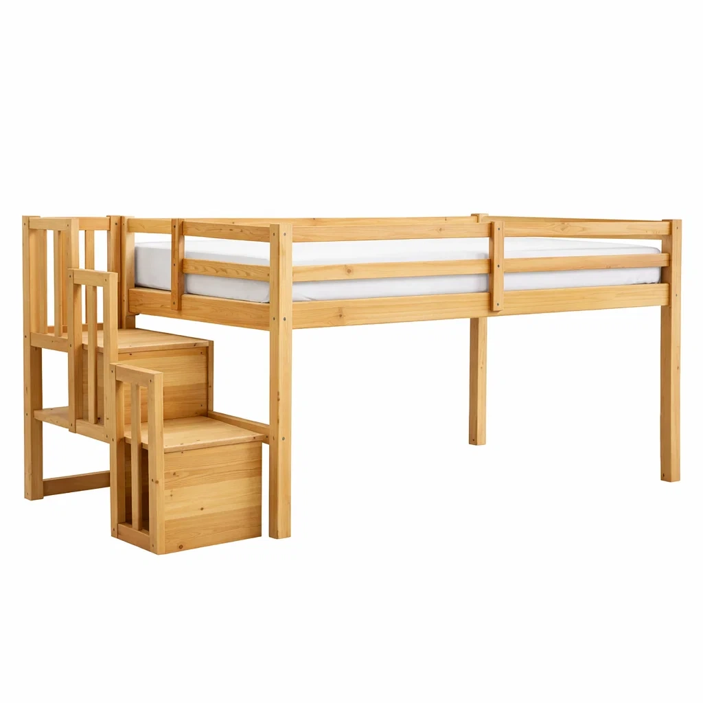 Lit mezzanine en bois de pin avec escalier et barrière de protection-URBANO ASISVIBES