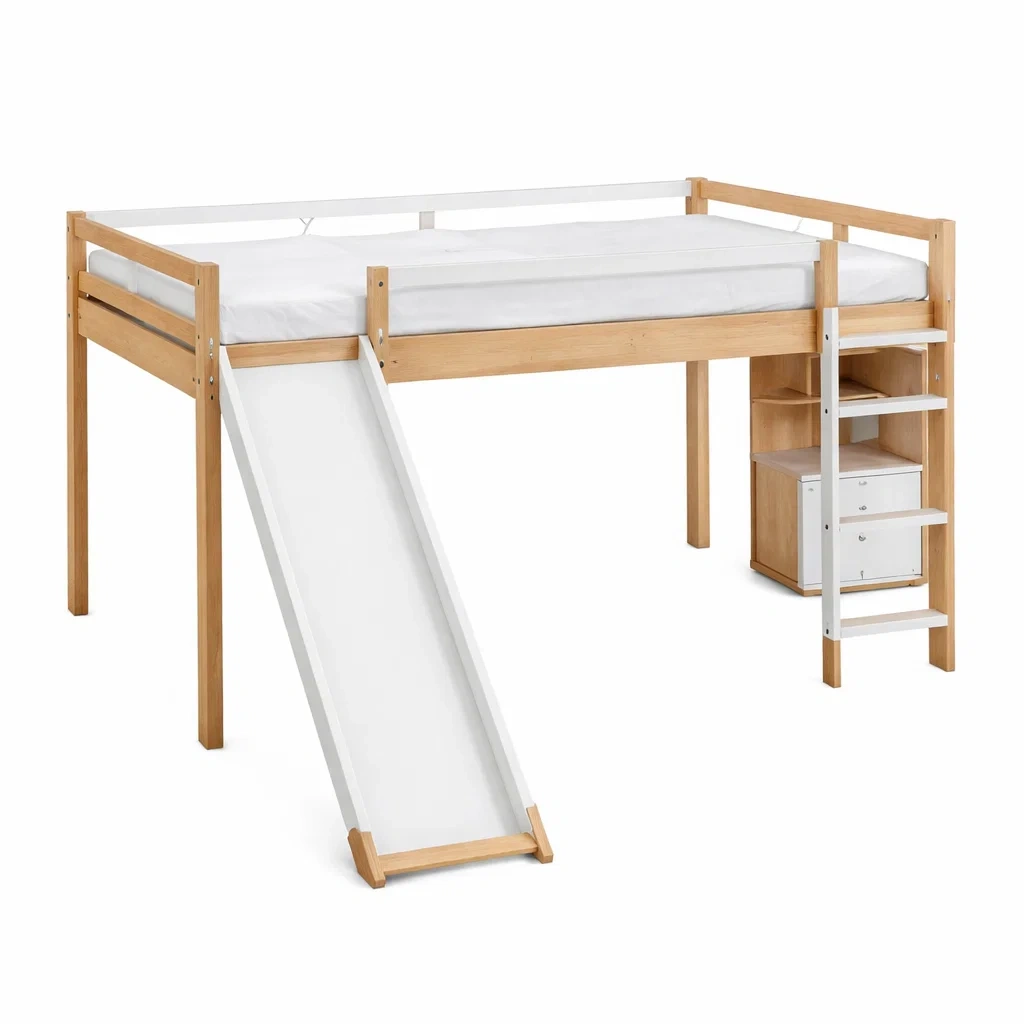 Lit mezzanine en bois de pin avec toboggan et rangement-URBANO ASISVIBES
