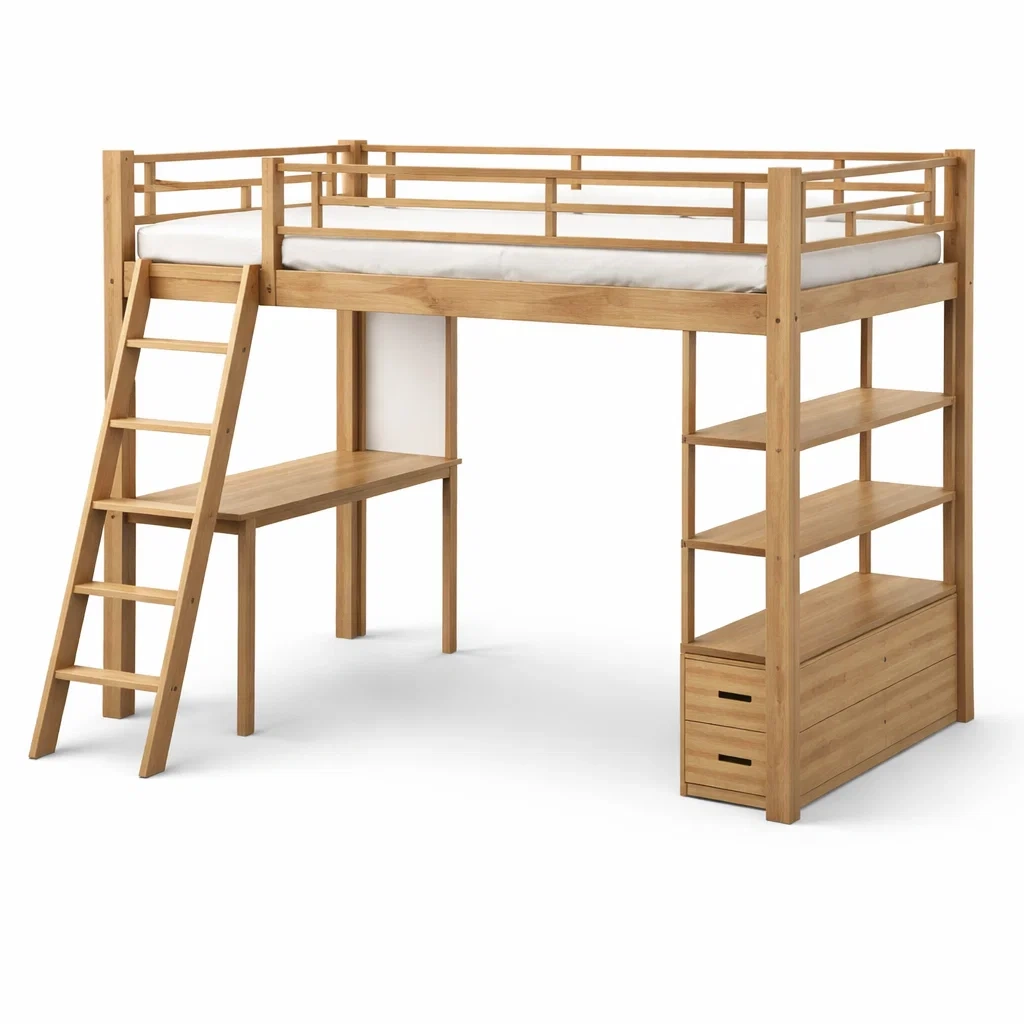 Lit mezzanine en bois de chêne avec échelle et étagères-URBANO ASISVIBES