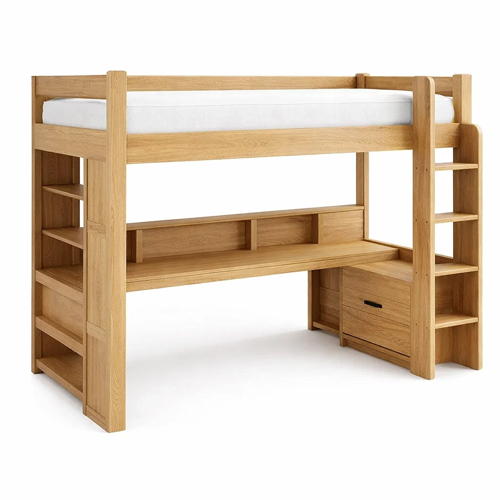 Lit mezzanine en bois de chêne avec bureau et rangement-URBANO ASISVIBES