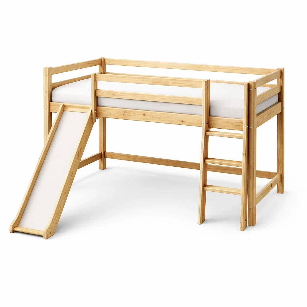 Lit mezzanine en bois avec toboggan et échelle-URBANO ASISVIBES