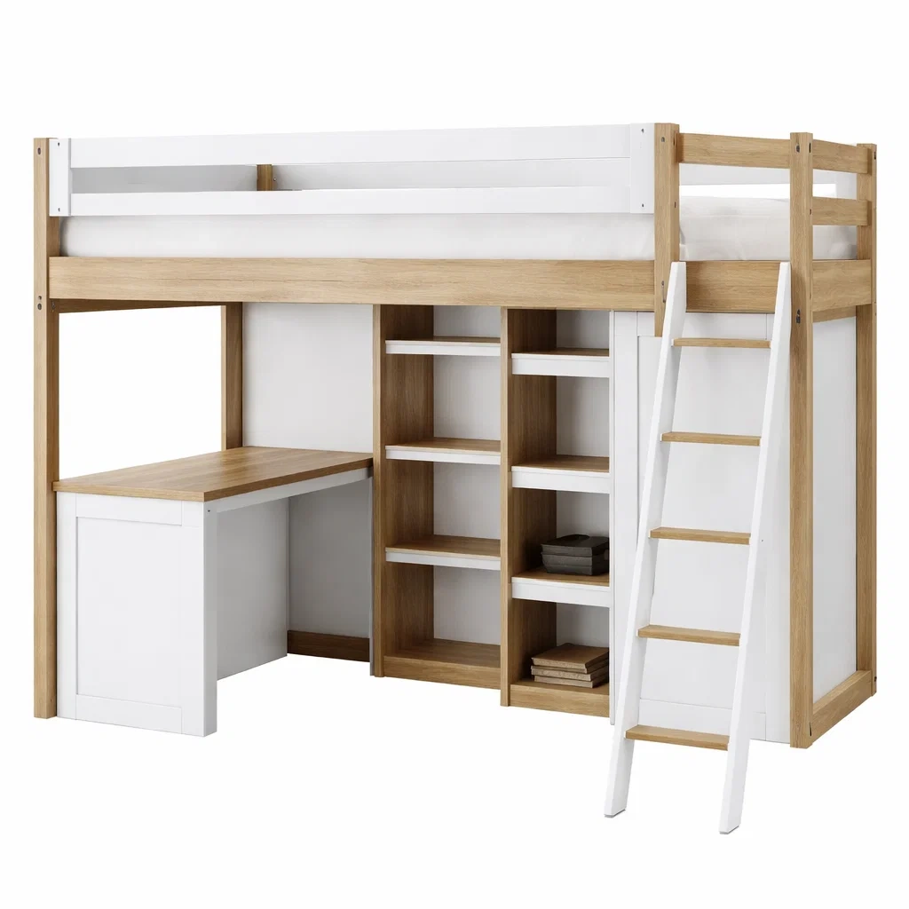 Lit mezzanine en bois blanc et chêne avec bureau et étagères-URBANO ASISVIBES
