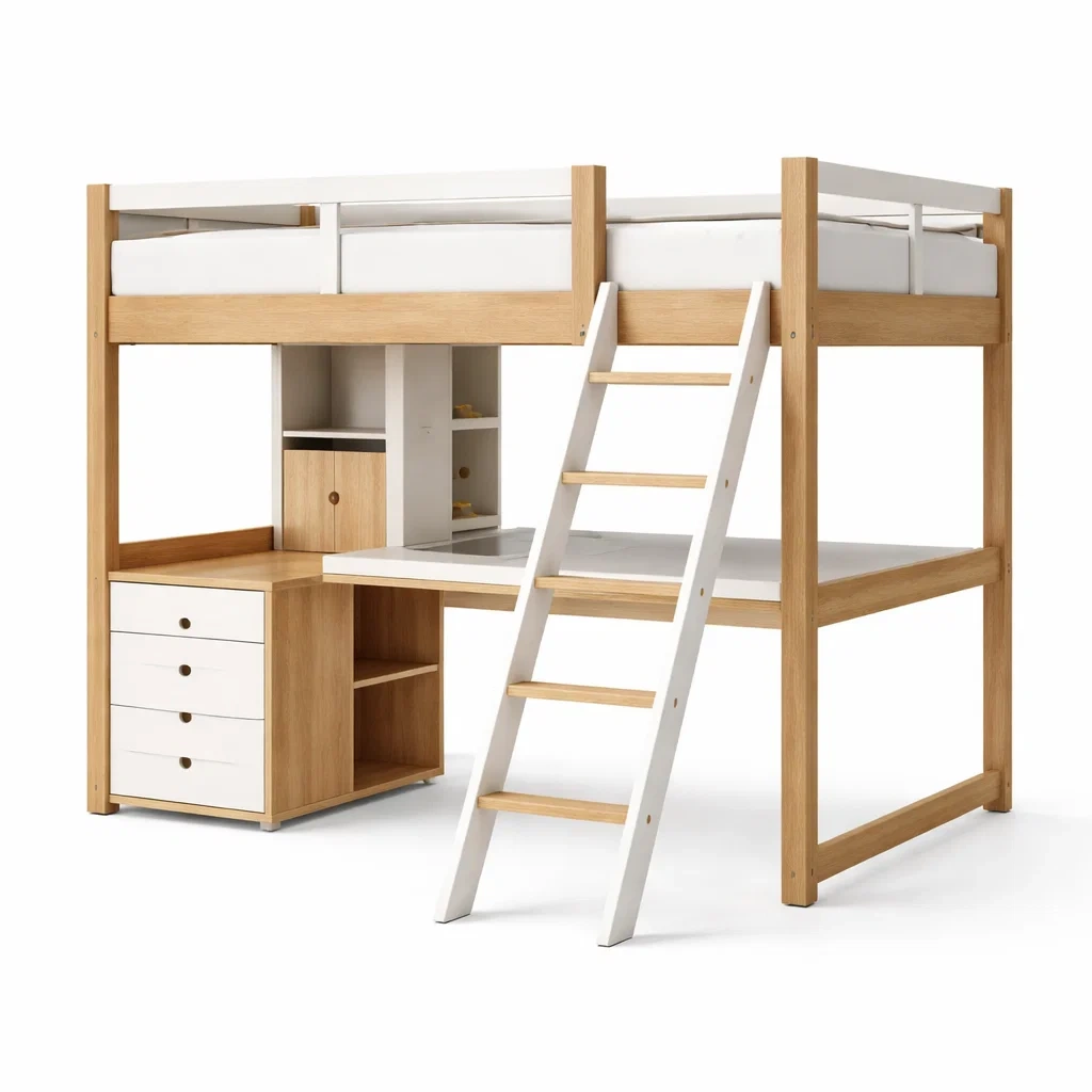 Lit superposé mezzanine en bois avec bureau et tiroirs chêne blanc-URBANO ASISVIBES