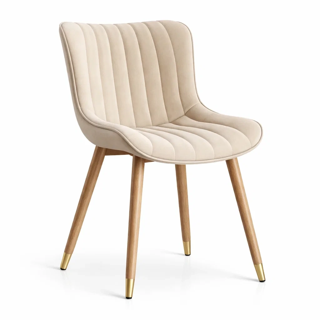 Chaise de salle à manger en velours beige avec pieds en bois et embouts métalliques-URBANO ASISVIBES