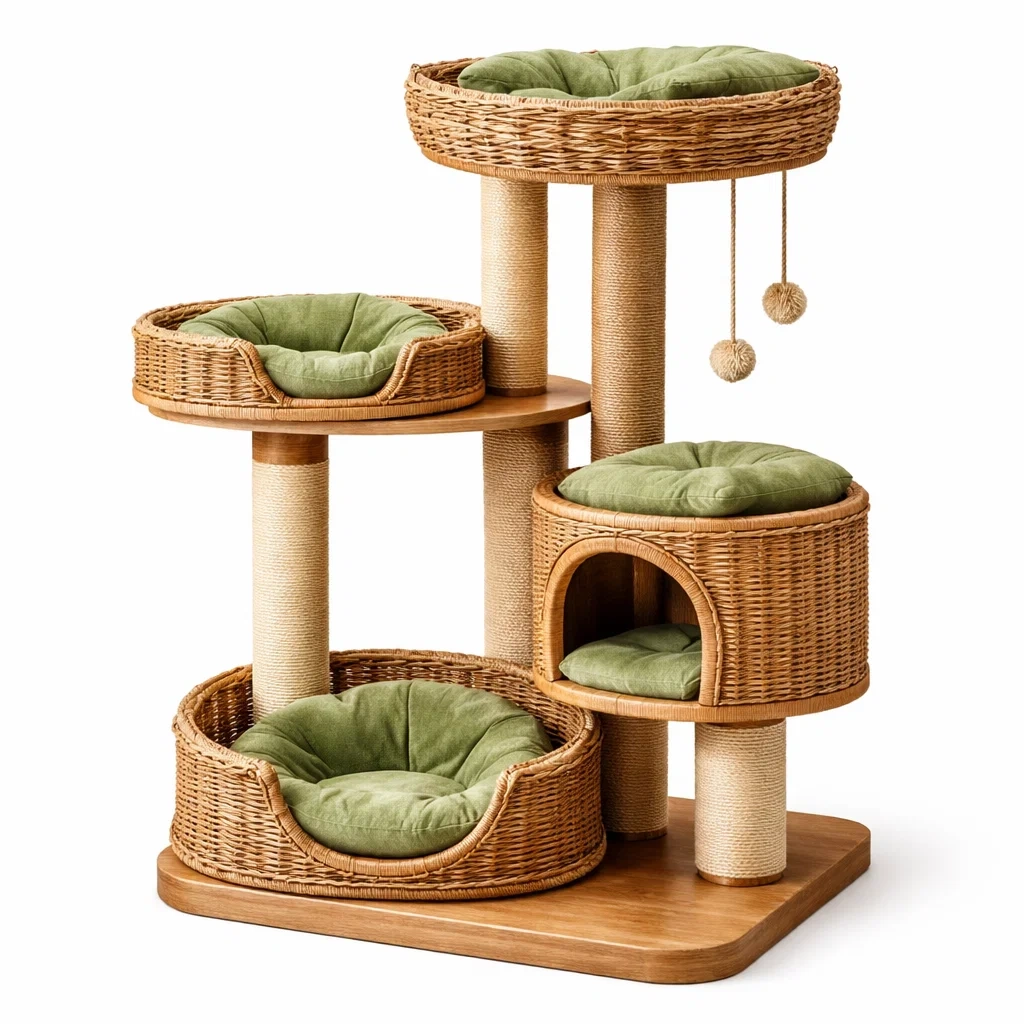 Arbre à chat en osier et bois avec coussins verts-URBANO ASISVIBES