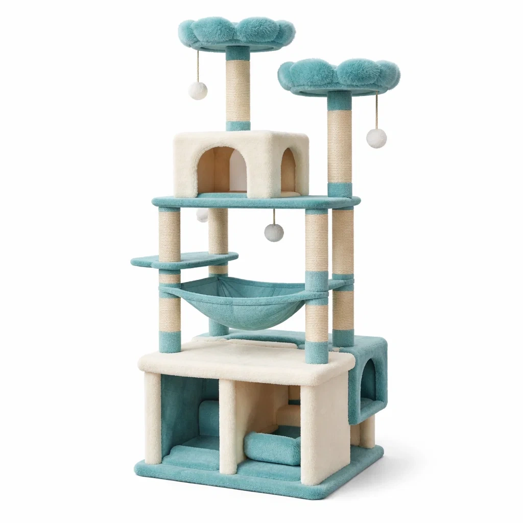 Arbre à chat en peluche et sisal avec plateformes et hamac bleu crème-URBANO ASISVIBES