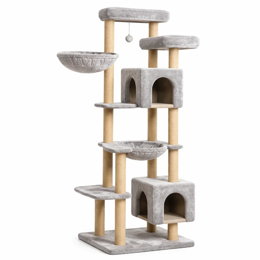 Arbre à chat avec hamacs et niches en sisal et peluche gris-URBANO ASISVIBES