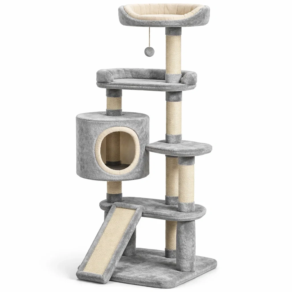 Arbre à chat en bois avec sisal 5 niveaux gris et beige 60 x 40 x 133 cm-URBANO ASISVIBES