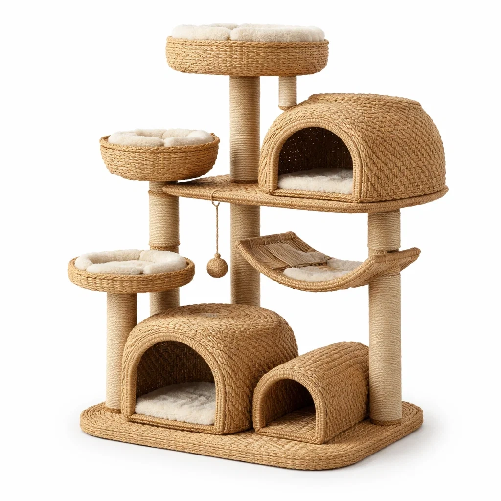 Arbre à chat en corde de sisal avec plateformes et niches en jute beige-URBANO ASISVIBES