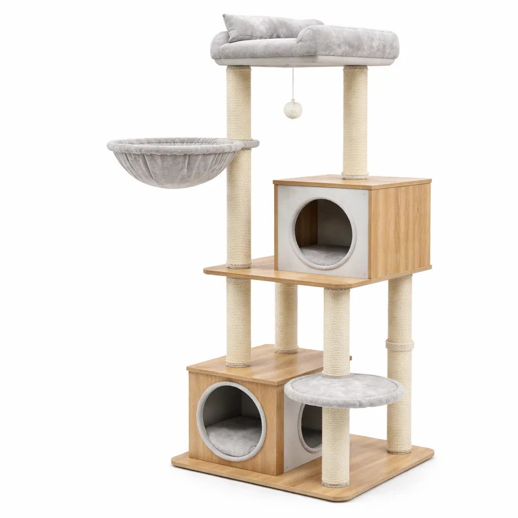 Arbre à chat en bois avec sisal et tissu gris-URBANO ASISVIBES