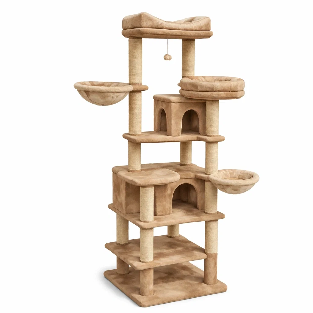 Arbre à chat en peluche beige avec plateformes et niches-URBANO ASISVIBES