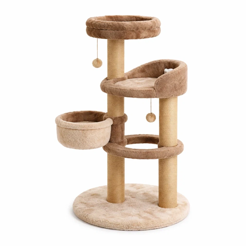 Arbre à chat en bois polyester et sisal 3 niveaux beige marron-URBANO ASISVIBES