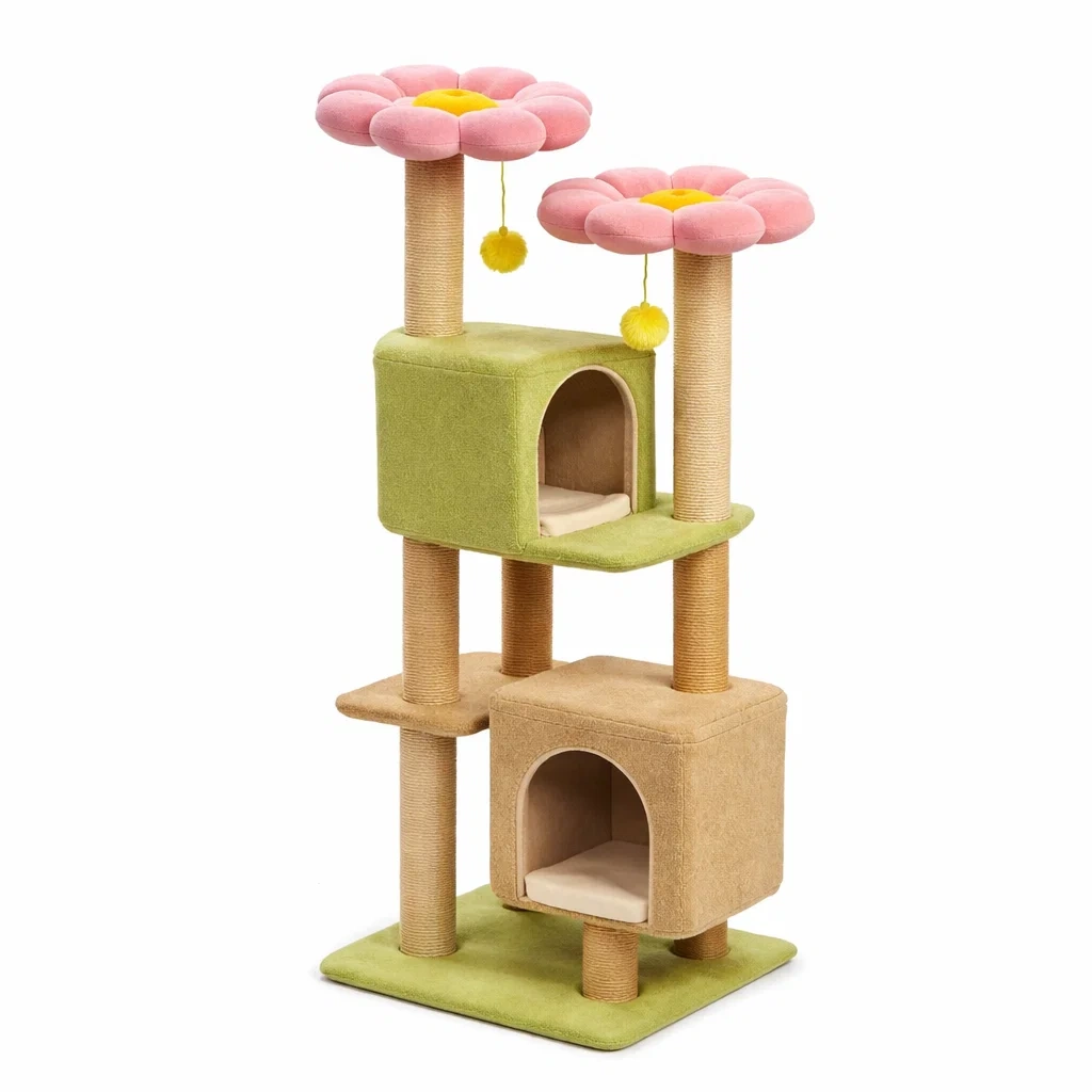 Arbre à chat en bois sisal et tissu vert rose-URBANO ASISVIBES