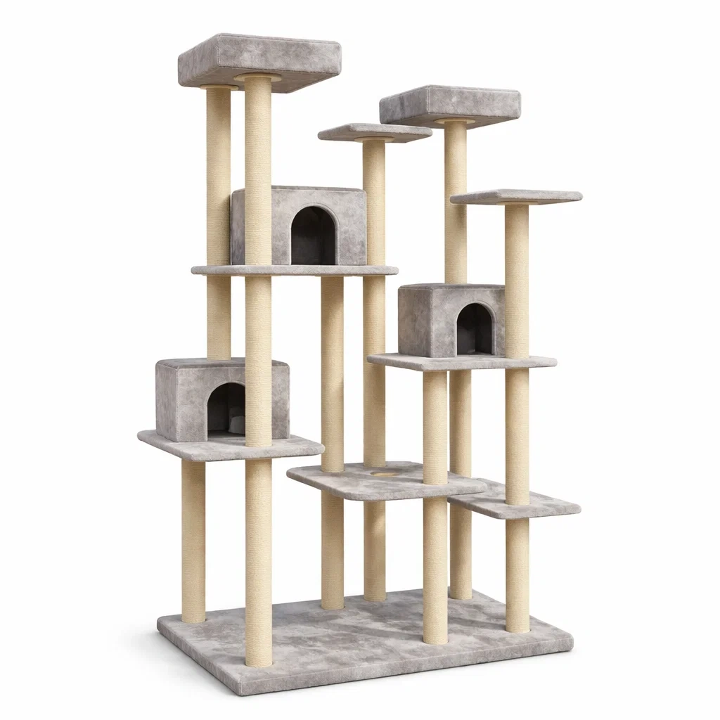 Arbre à chat en bois et tissu gris-URBANO ASISVIBES