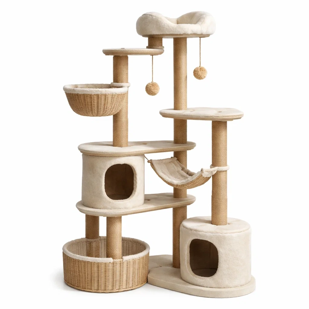 Arbre à chat en bois et rotin beige avec corde en sisal-URBANO ASISVIBES