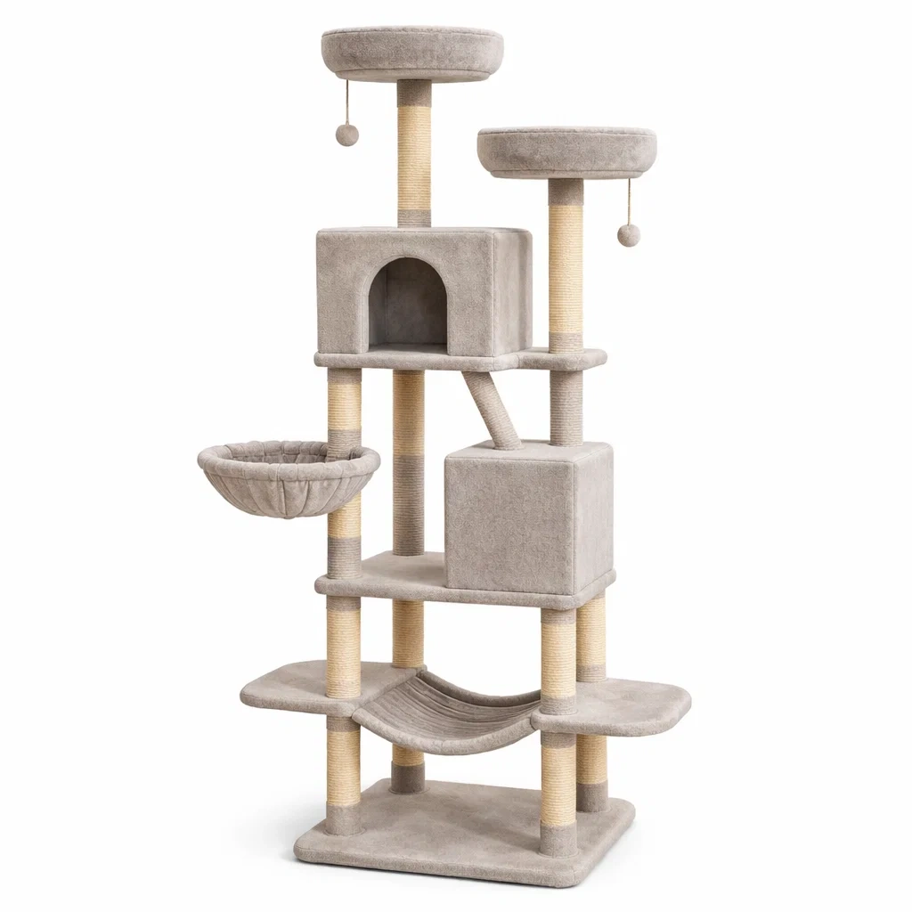 Arbre à chat en bois avec griffoirs en sisal et plateformes en tissu gris-URBANO ASISVIBES