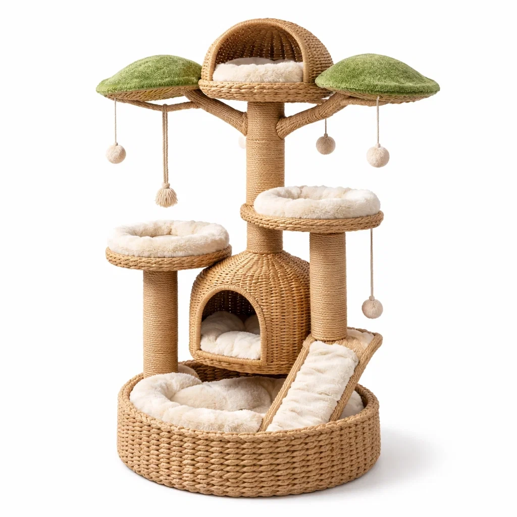 Arbre à chat en osier avec coussins en fausse fourrure beige vert-URBANO ASISVIBES