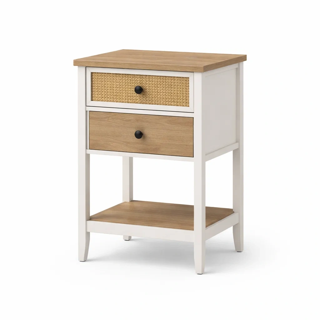 Table de chevet en bois avec tiroirs en rotin Blanc/Naturel-DREAMVI Benest