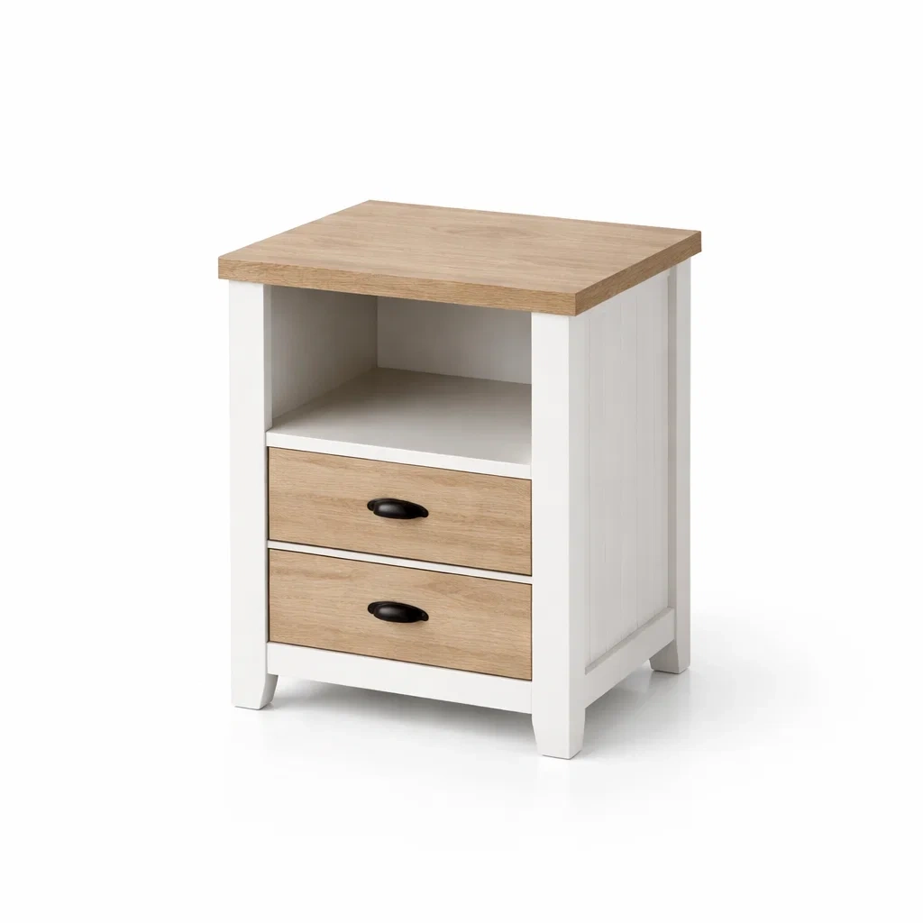 Table de chevet en bois avec tiroirs et étagère ouverte Blanc/Chêne-DREAMVI Benest