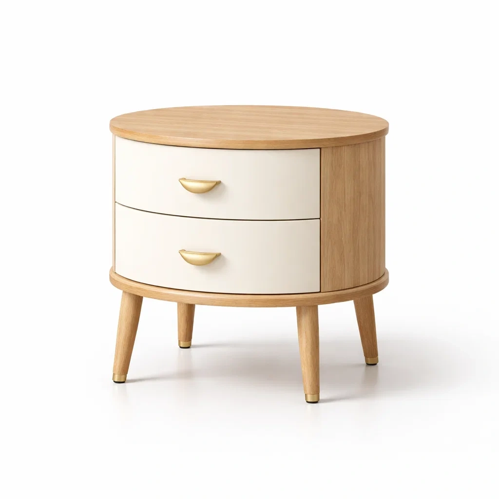 Table de chevet ronde en bois avec tiroirs en MDF et poignées dorées 55 cm-DREAMVI Benest