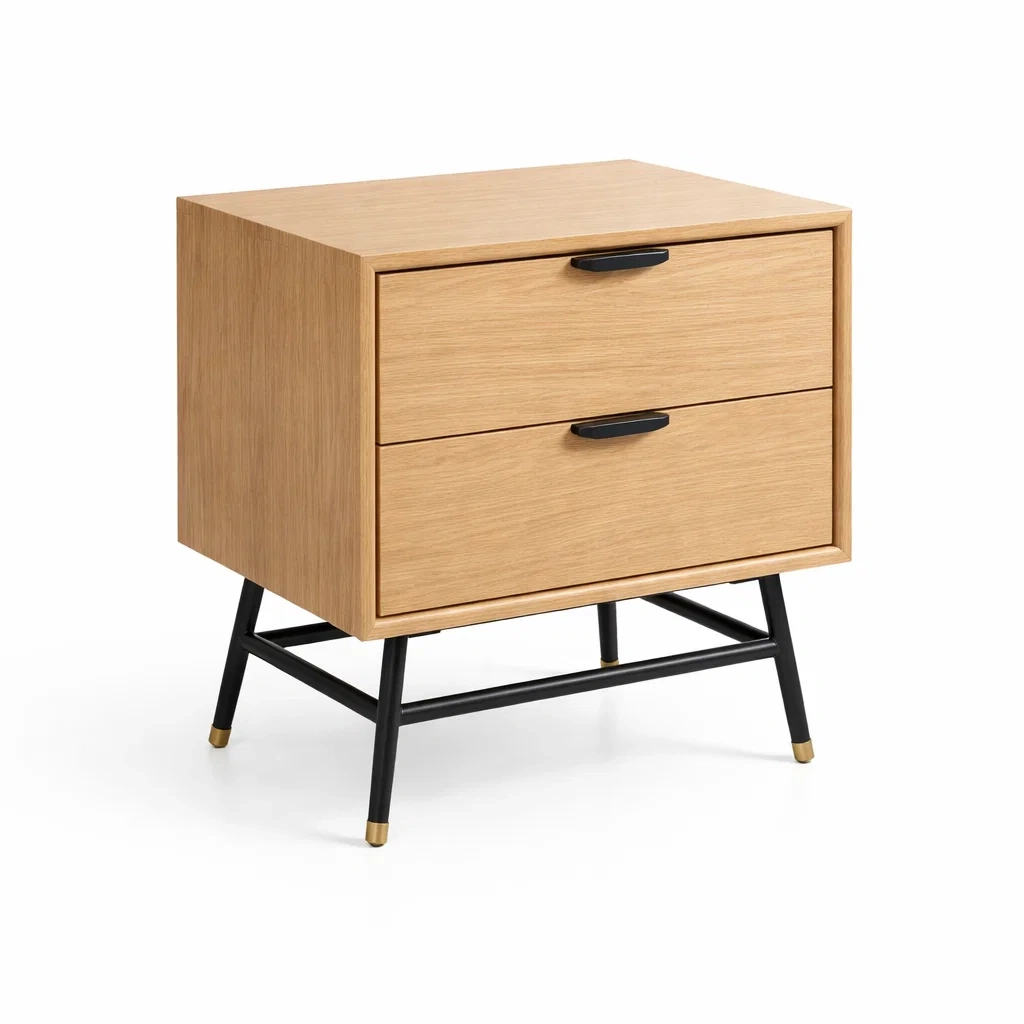 Table de chevet en bois de chêne avec 2 tiroirs et pieds en métal noir-DREAMVI Benest