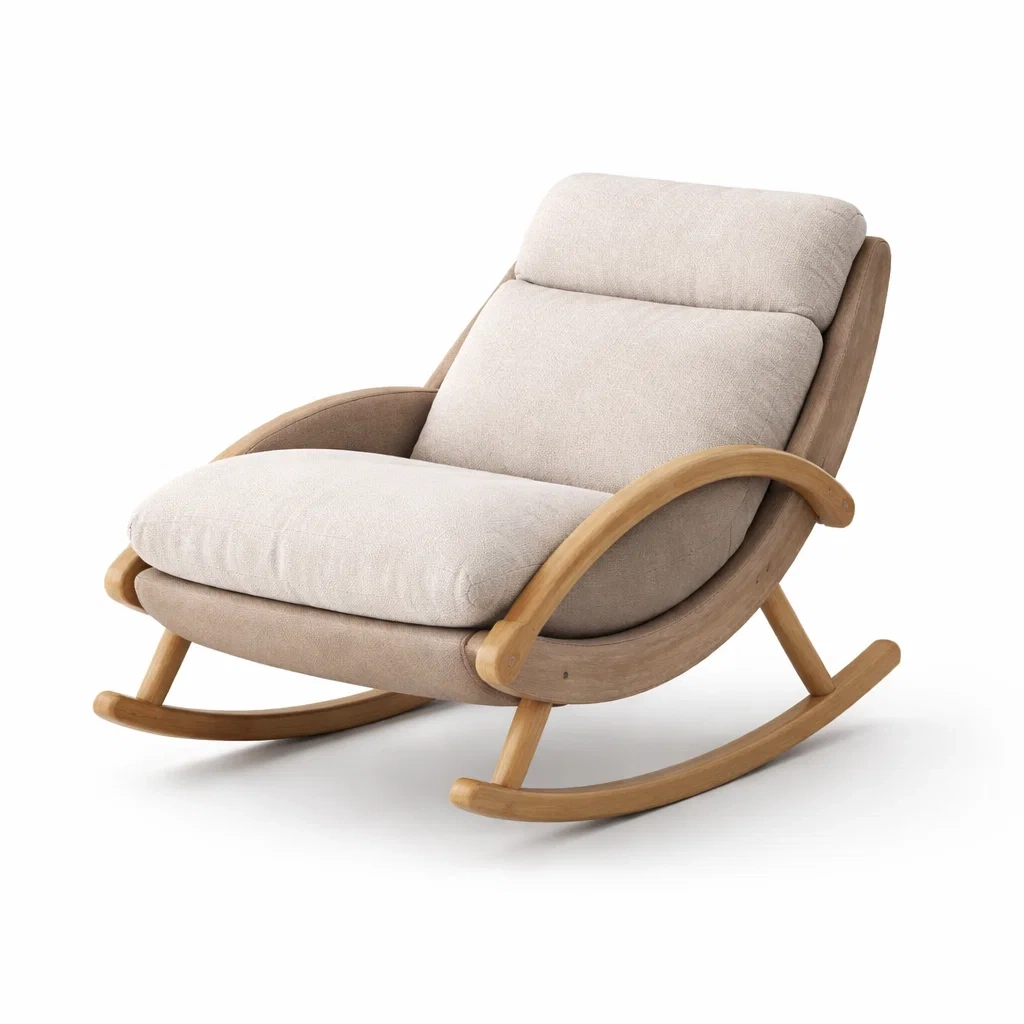 Chaise berçante en bois avec coussins en tissu beige-DREAMVI Benest