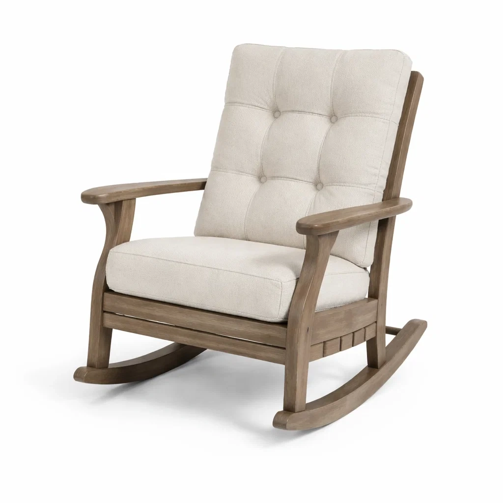 Fauteuil à bascule en Bois avec Coussins en Tissu Lin Beige-DREAMVI Benest