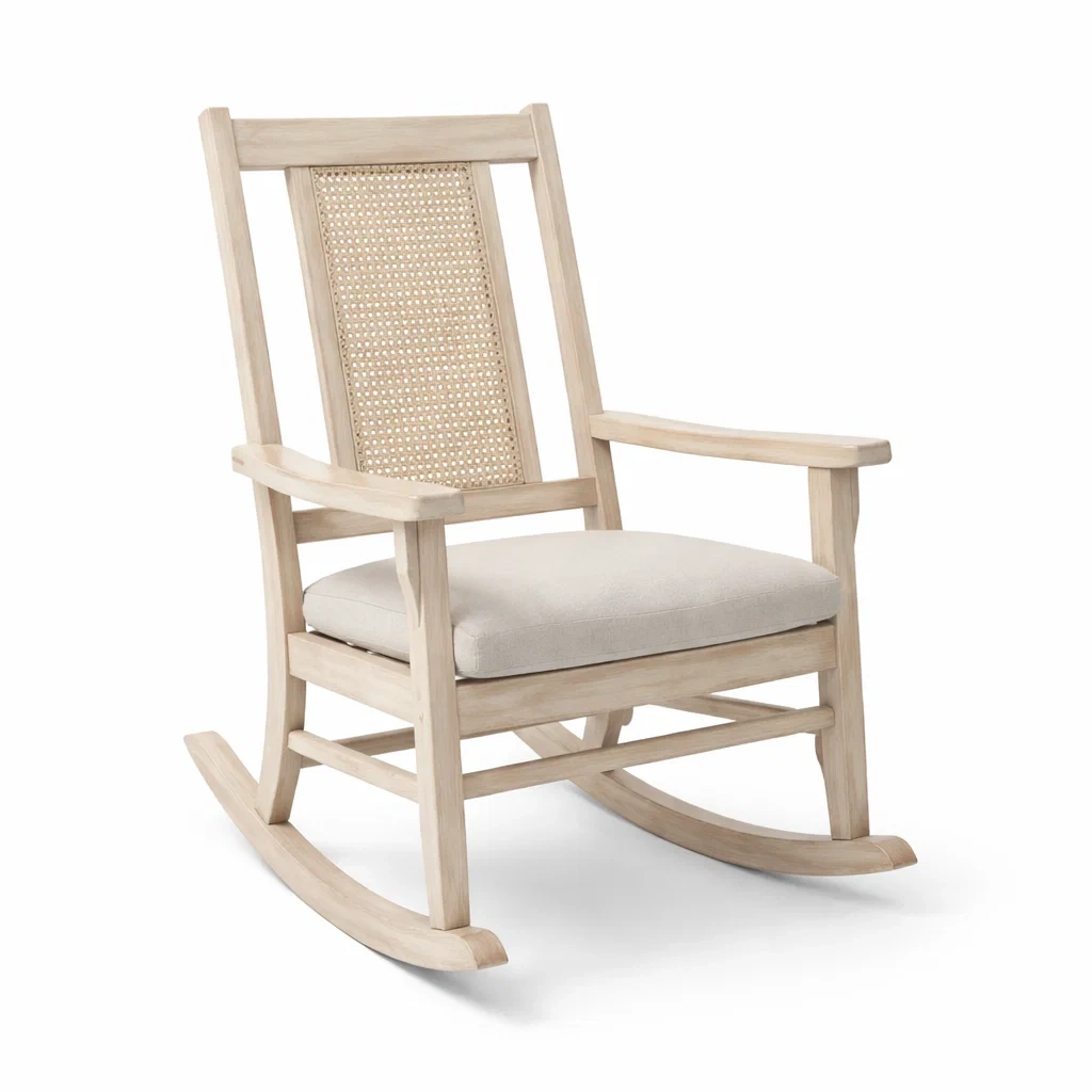 Chaise à bascule en bois et rotin avec assise en tissu ivoire-DREAMVI Benest