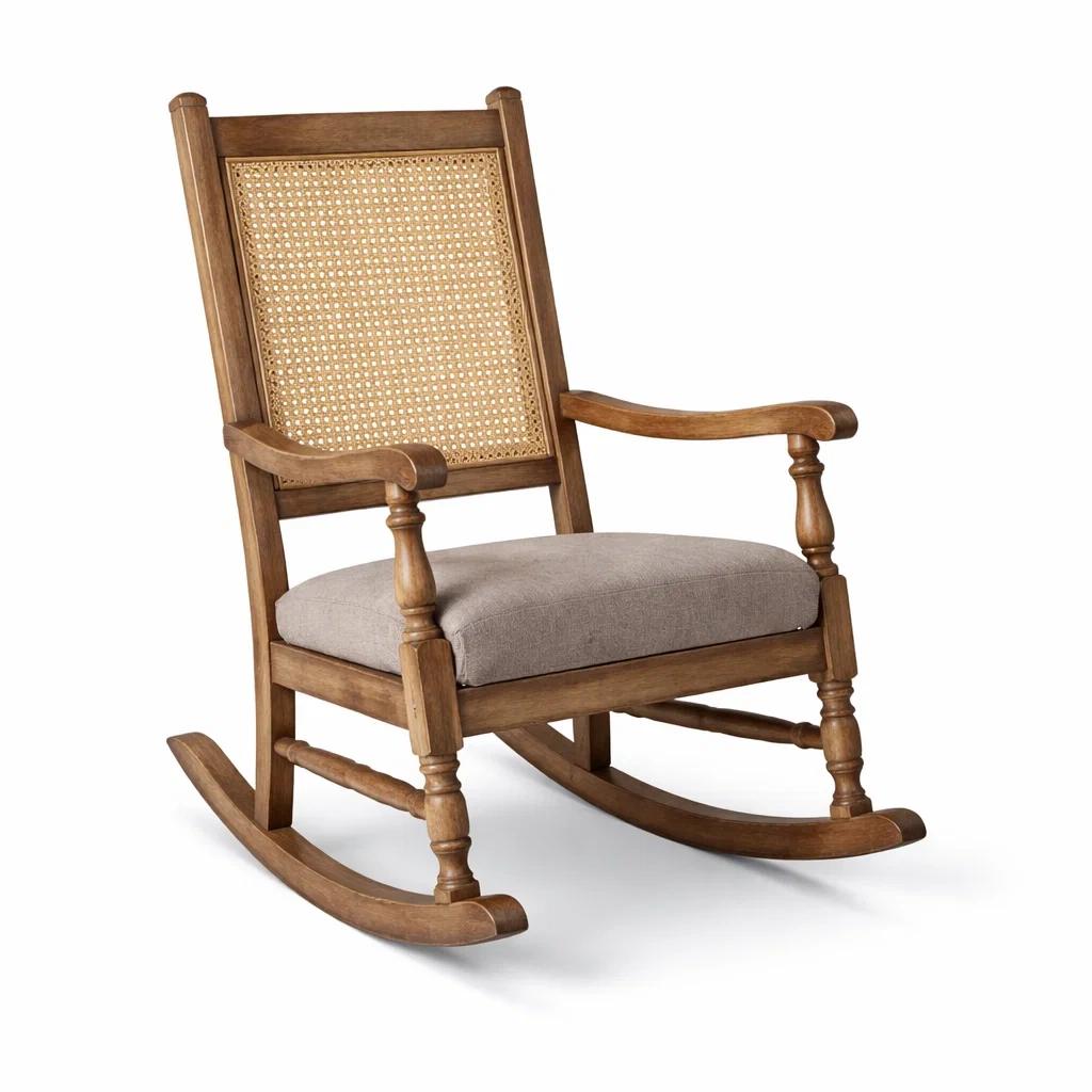 Chaise berçante en bois avec dossier en rotin et coussin en lin-DREAMVI Benest