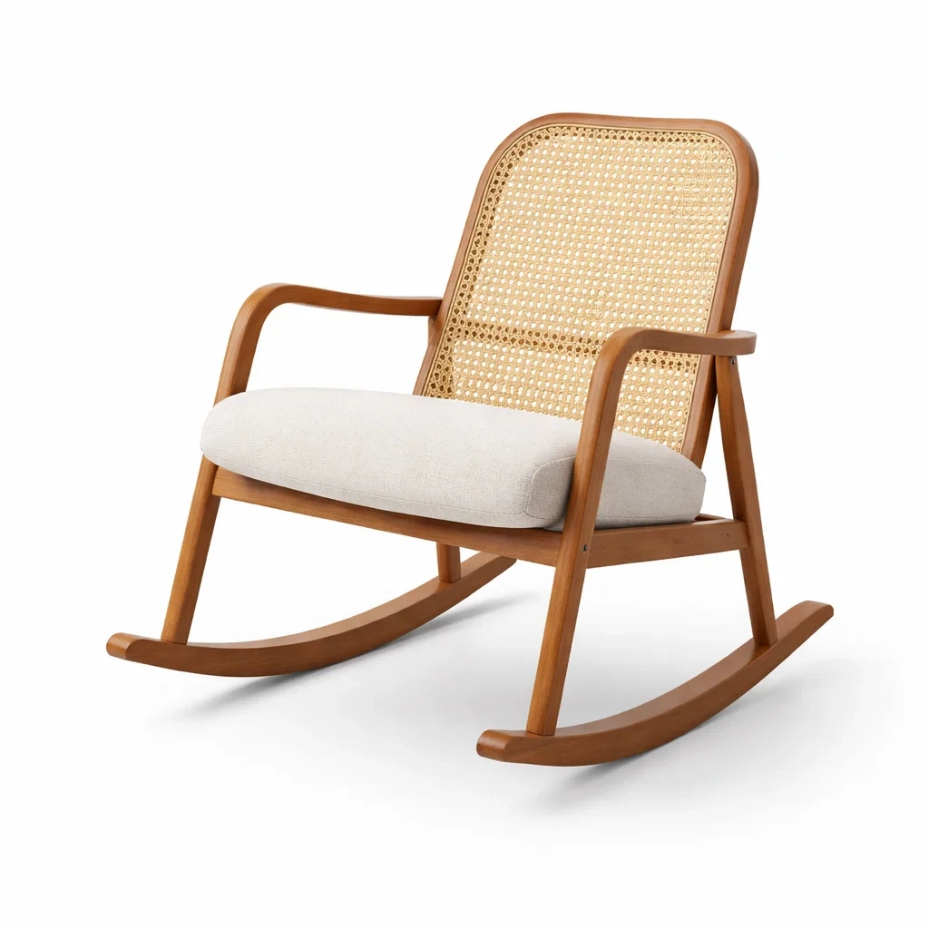 Chaise berçante en bois avec dossier en rotin et coussin en polyester-DREAMVI Benest