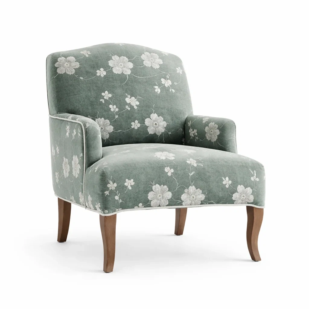 Fauteuil en Velours Floral Vert avec Pieds en Bois-DREAMVI Benest