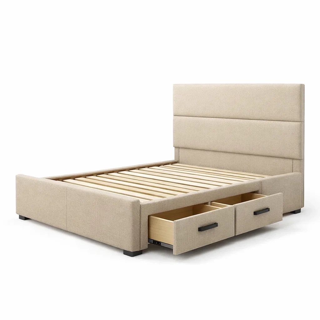 Lit double avec tête de lit et tiroirs en tissu Beige 200cm x 160cm-DREAMVI Benest