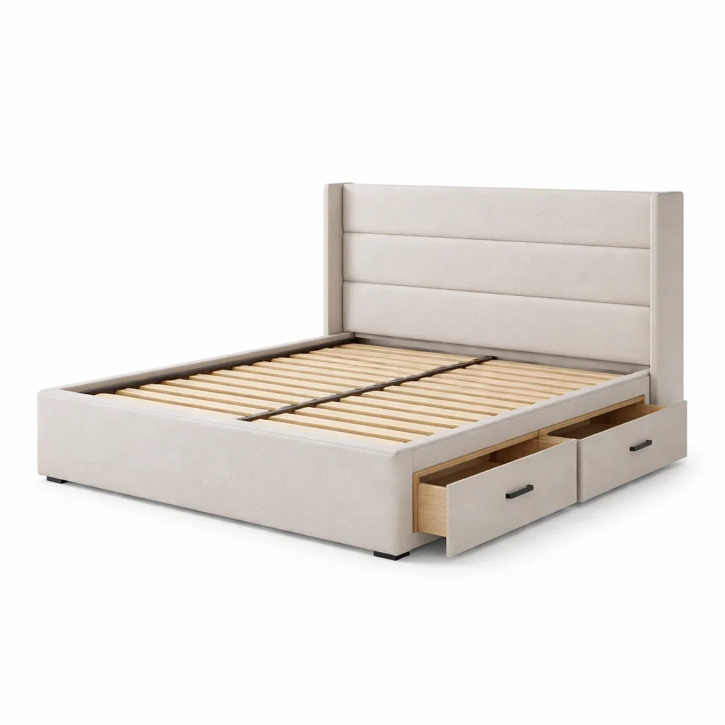 Lit en tissu avec tiroirs de rangement beige-DREAMVI Benest
