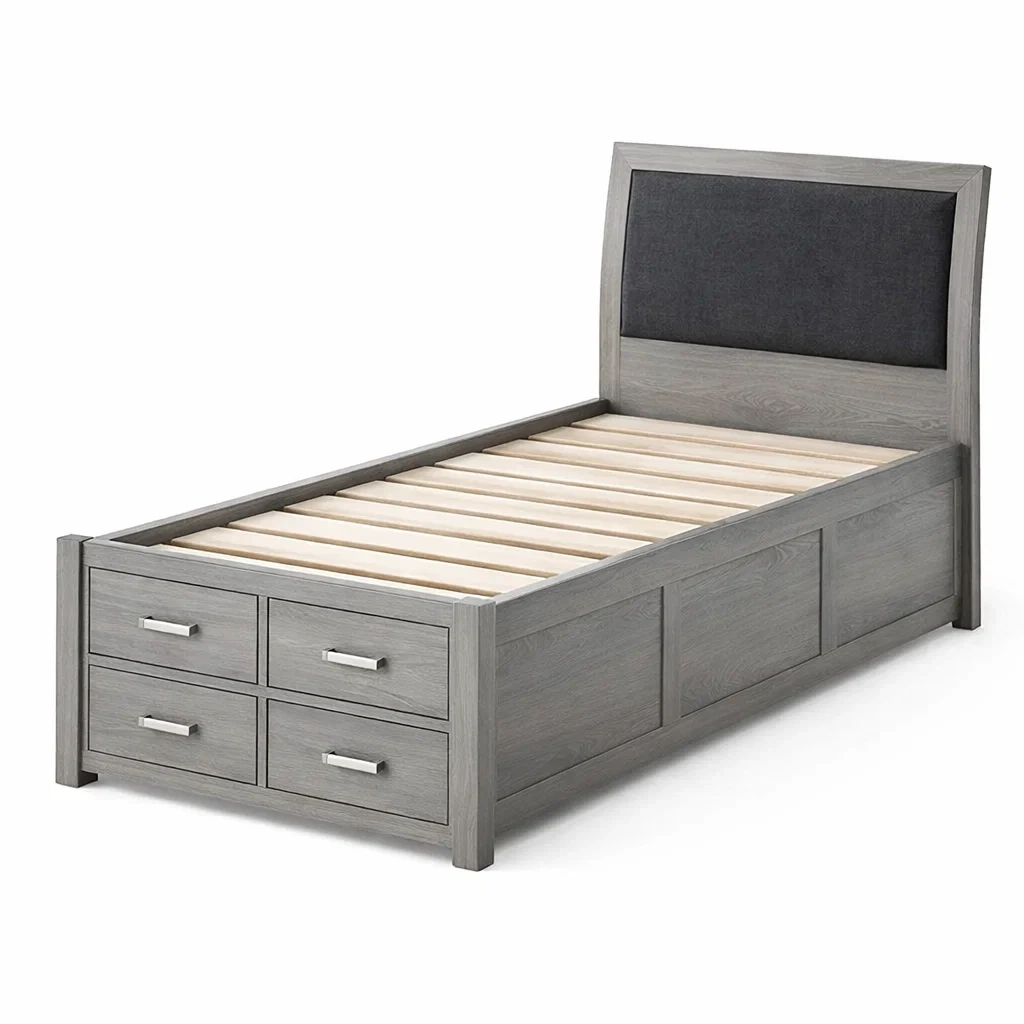 Lit simple en bois avec tiroirs et tête de lit en tissu gris-DREAMVI Benest