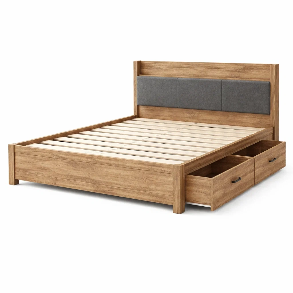 Lit double en bois et tissu avec tiroirs 200x160 cm-DREAMVI Benest