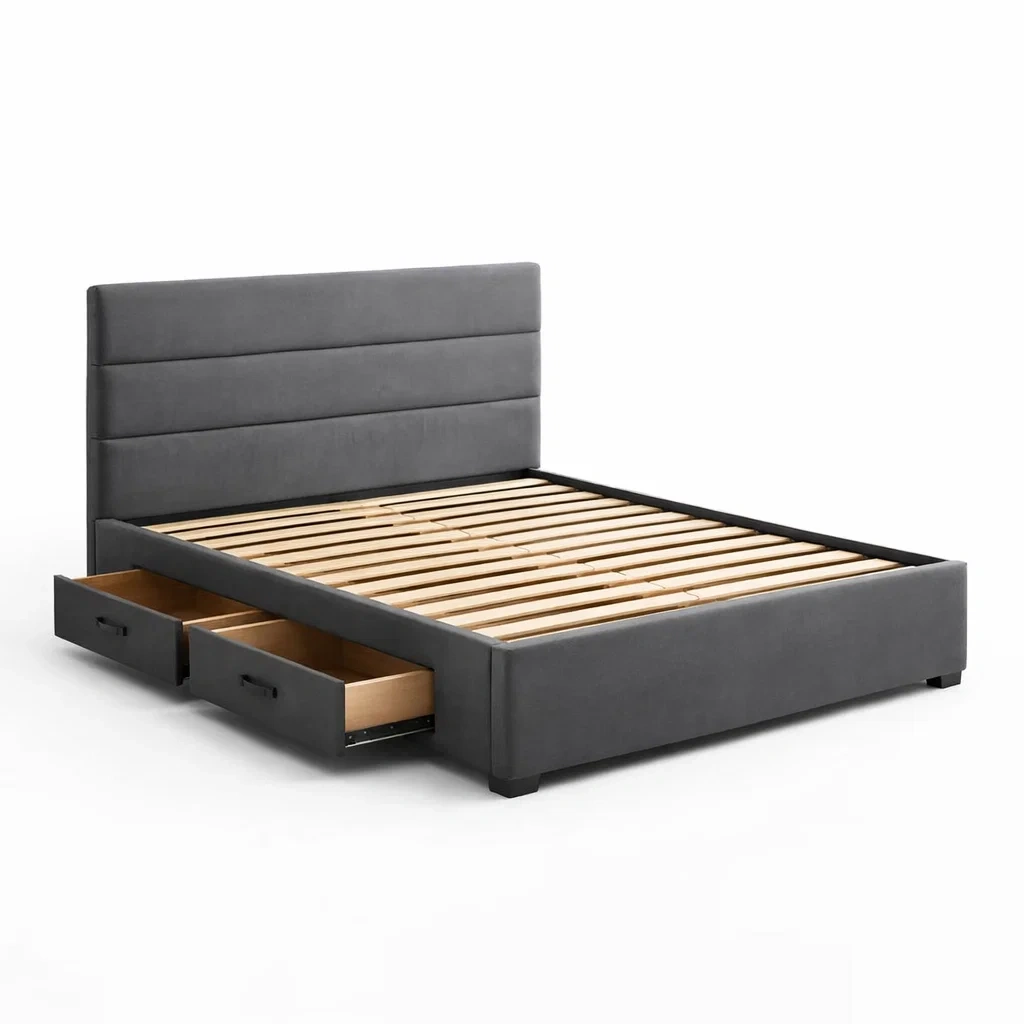Lit double en bois et tissu avec tiroirs 160x200 cm-DREAMVI Benest
