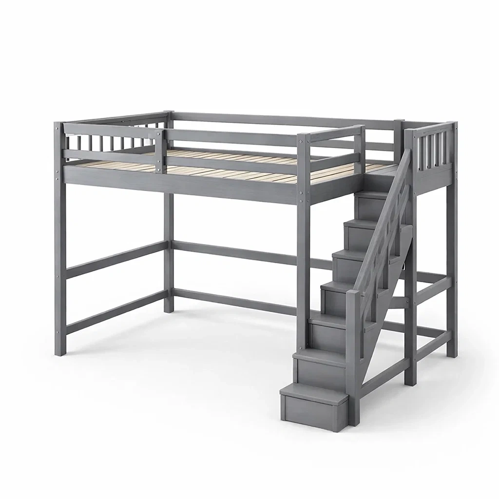 Lit mezzanine en bois avec escalier intégré Gris-DREAMVI Benest