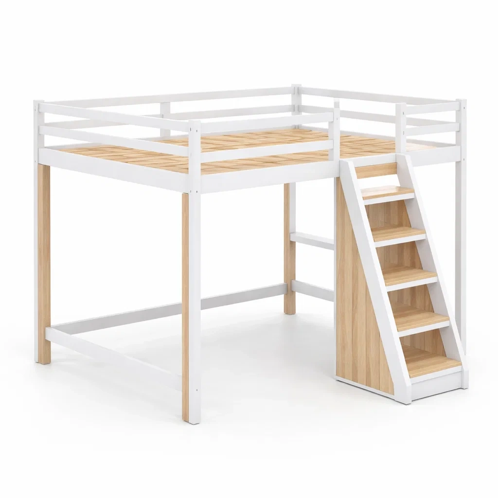Lit mezzanine en bois avec escaliers Blanc/Naturel 200x90 cm-DREAMVI Benest