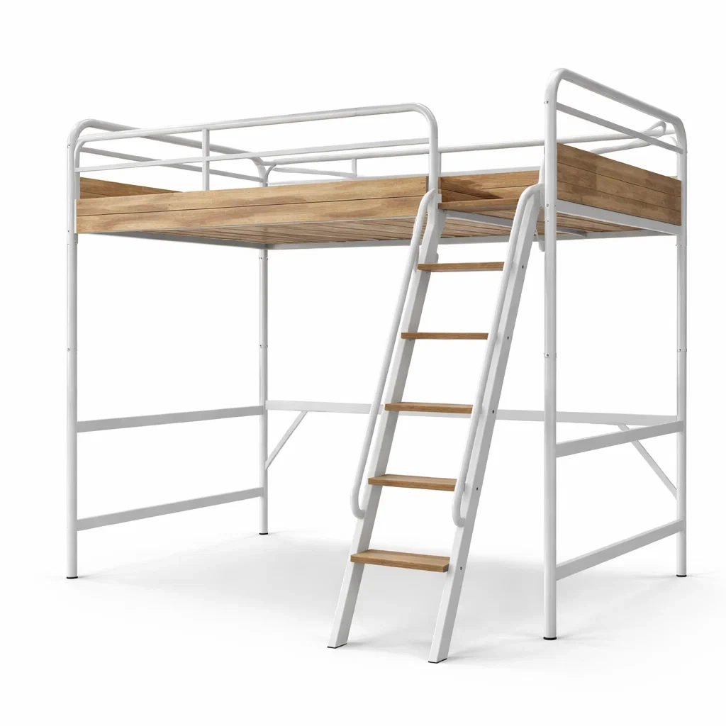 Lit mezzanine en métal et chêne avec échelle 190x90 cm Blanc/Chêne-DREAMVI Benest