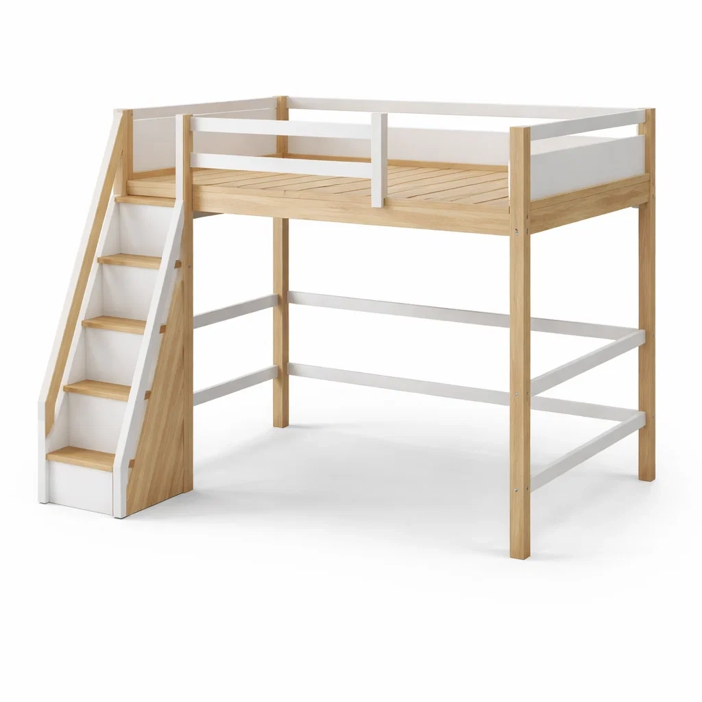 Lit mezzanine en bois avec escalier Blanc et Naturel 200x90cm-DREAMVI Benest