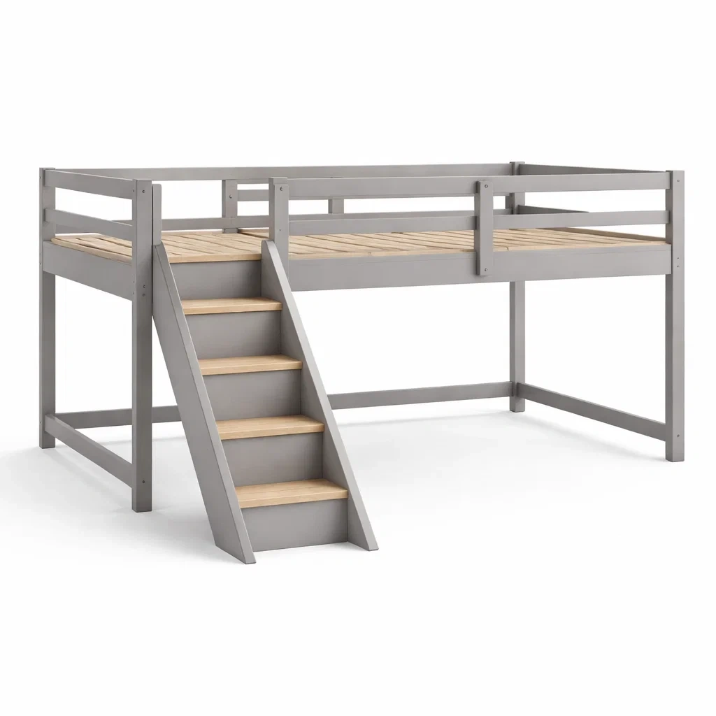 Lit mezzanine en bois de pin gris avec escaliers-DREAMVI Benest