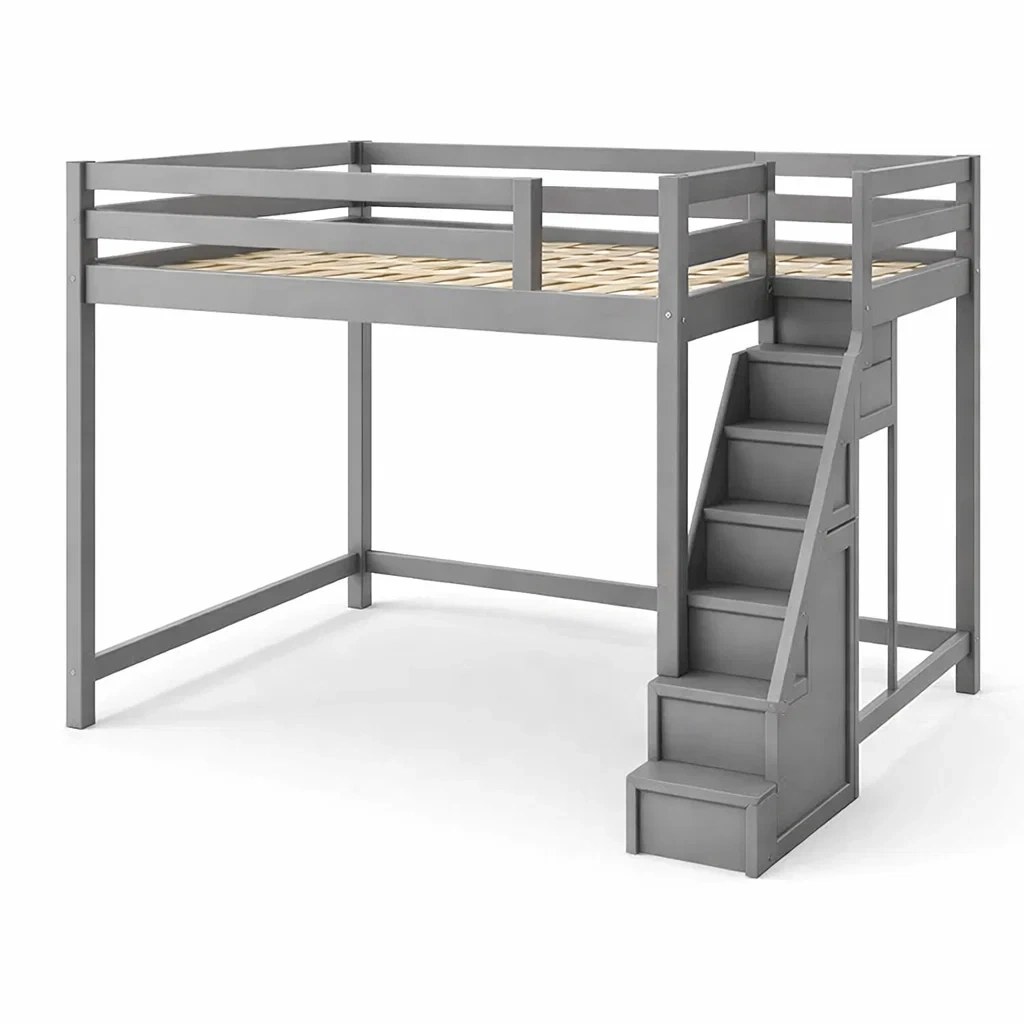 Lit en Bois Gris avec Escalier et Rangement 200x90 cm-DREAMVI Benest